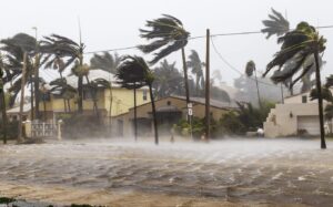 Severe hurricane flooding devastates coastal residential homes.