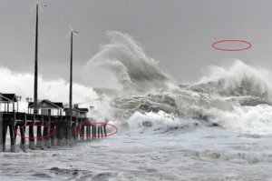Powerful hurricane waves battering Topsail Pier.