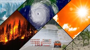 Coastal climate change disasters: hurricane, flood, fire, drought.