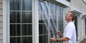 Man installs Lexan hurricane panels on Wilmington window.
