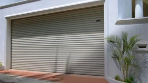 Modern light taupe roll-down hurricane shutters, Wilmington.