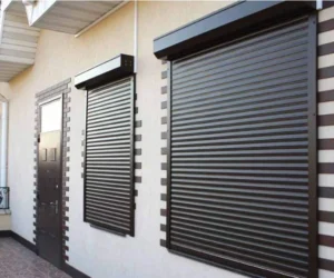 Dark brown hurricane shutters protect modern home.