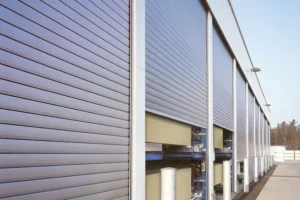 Modern commercial hurricane shutters on a building in Myrtle Beach.