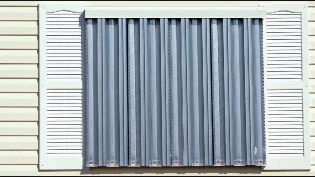 A window on a beige house in South Carolina, covered with silver TAS Approved Hurricane Shutters, framed by white decorative shutters on each side. in either North or South Carolina