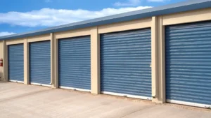 Quality blue roll-up doors on Myrtle Beach self-storage units.