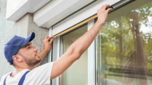 Myrtle Beach professional measures exterior window for hurricane shutters.