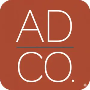 AD CO minimalist logo, white text on burnt orange background.