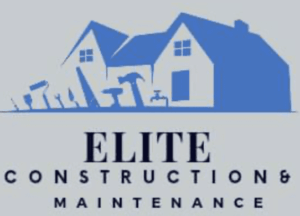 Elite Construction & Maintenance logo featuring blue houses and tools.