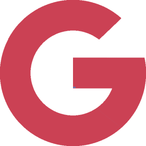Minimalist red G logo on dark green background.