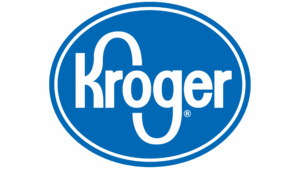 Kroger supermarket logo: white script in oval on blue.