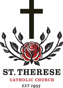 Classic St. Therese Catholic Church logo with cross, rose.