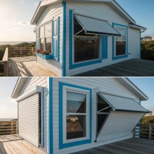 Accordion shutters on a coastal cottage showing compact storage and strong interlocks