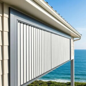 Accordion hurricane shutters on a coastal home, showcasing durability and protection against storms