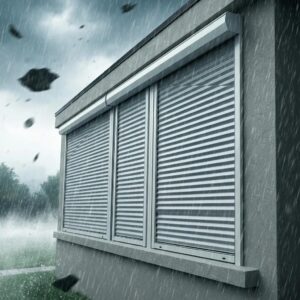Accordion shutters closed during a storm, illustrating protection against weather and forced entry
