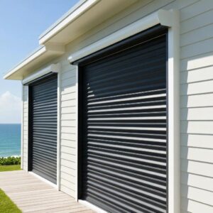 Accordion shutters installed on a coastal home for hurricane protection