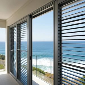 Accordion shutters installed on a coastal home, highlighting their design and protective features