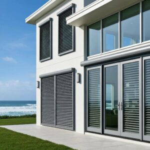 Accordion shutters on a coastal home, illustrating noise reduction and hurricane protection features