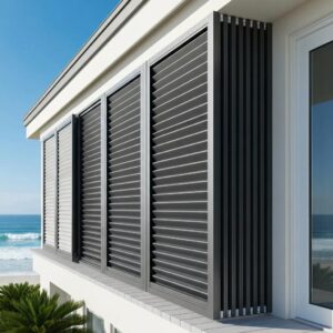 Accordion shutters on a coastal home, illustrating their design and protective function