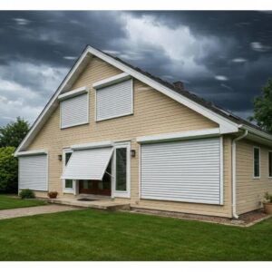 Accordion shutters on a coastal home providing storm protection