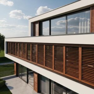 Accordion shutters partially closed on a coastal home, showcasing their strength and storm protection capabilities