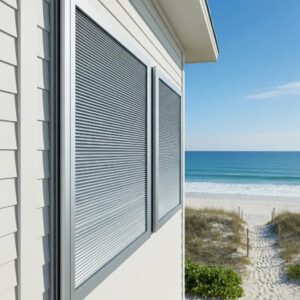 Aluminum hurricane shutters installed on a coastal home, showcasing lightweight and corrosion-resistant features