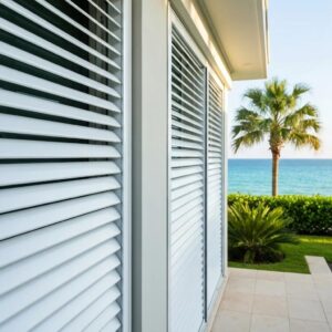 Aluminum hurricane shutters on a coastal home — durable and visually adaptable
