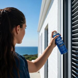 Applying dry silicone spray to accordion shutters in a coastal home