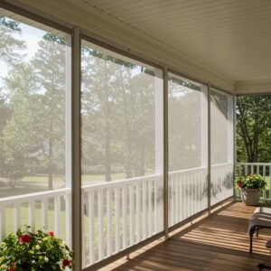 Aramid hurricane screens installed on a porch, showcasing their visibility and strength with sunlight filtering through