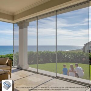 Aramid hurricane screens installed on a window, showcasing strength and visibility with family enjoying the view