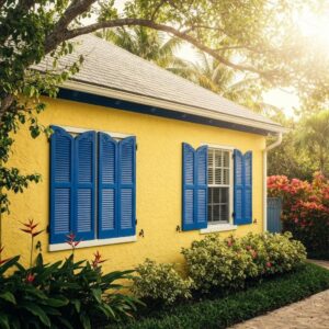 Bahama and Colonial shutters on a coastal home showing style and protection