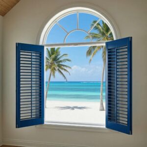 Bahama shutter mounted above a window showing its shading and protective roles in a sunny coastal setting