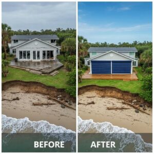 Before-and-after photos of a coastal home with accordion shutters, showing protection and quick recovery