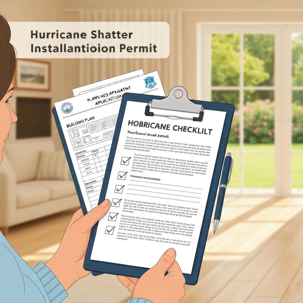 Checklist for obtaining hurricane shutter installation permit with documents and clipboard