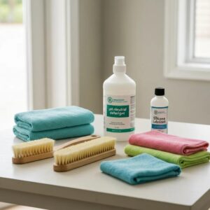 Soft brushes, microfiber cloths and safe cleaning products for roll‑down shutters — recommended tools for coastal maintenance