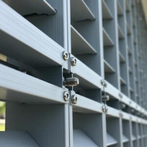 Close-up of 6063-T6 aluminum panels and stainless steel fasteners used in accordion hurricane shutters