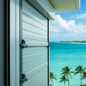 Close view of a closed roll‑down hurricane shutter highlighting its secure, continuous surface