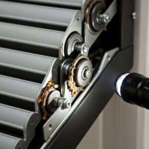 Close-up of an accordion shutter jam at the wheels and track