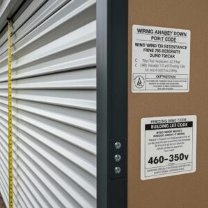 Close up of a roll‑down hurricane shutter with certification labels and wind‑rating info