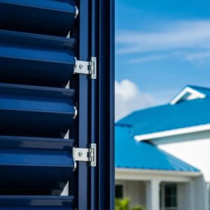 Close-up of accordion hurricane shutters on a coastal home