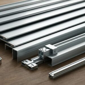 Close-up of accordion shutter parts showing slats, track, and hardware