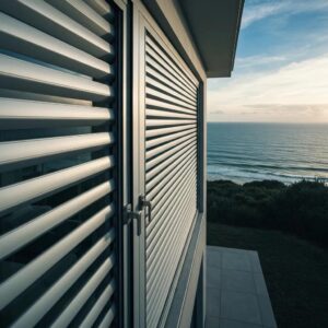 Close-up view of accordion shutter components highlighting durability for hurricane protection