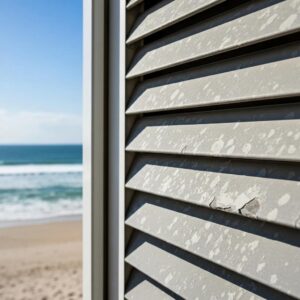Close-up of an accordion shutter panel showing coastal wear patterns, underscoring the need for regular maintenance