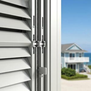 Close-up detail of aluminum accordion shutter with corrosion-resistant hardware