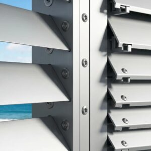 Close-up of accordion shutters showing durable materials and weatherproof design details