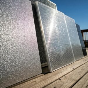 Close-up of aluminum and polycarbonate hurricane shutter materials highlighting durability