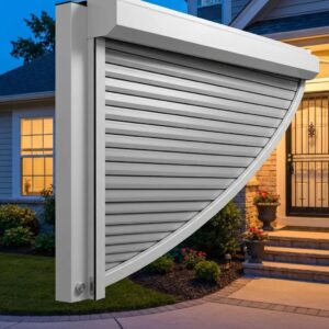 Close-up of closed roll down hurricane shutters showing security features