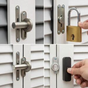 Close-up showing different accordion shutter locking mechanisms and security details