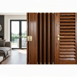 Close-up view of aluminum accordion shutters with stainless-steel hardware showing durable construction