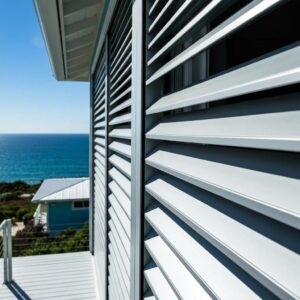 Close-up of powder-coated aluminum accordion shutters on a coastal home