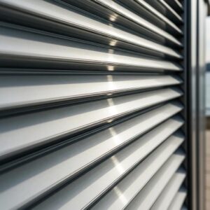 Close-up of premium aluminum accordion shutters &mdash; detail of hardware and finish